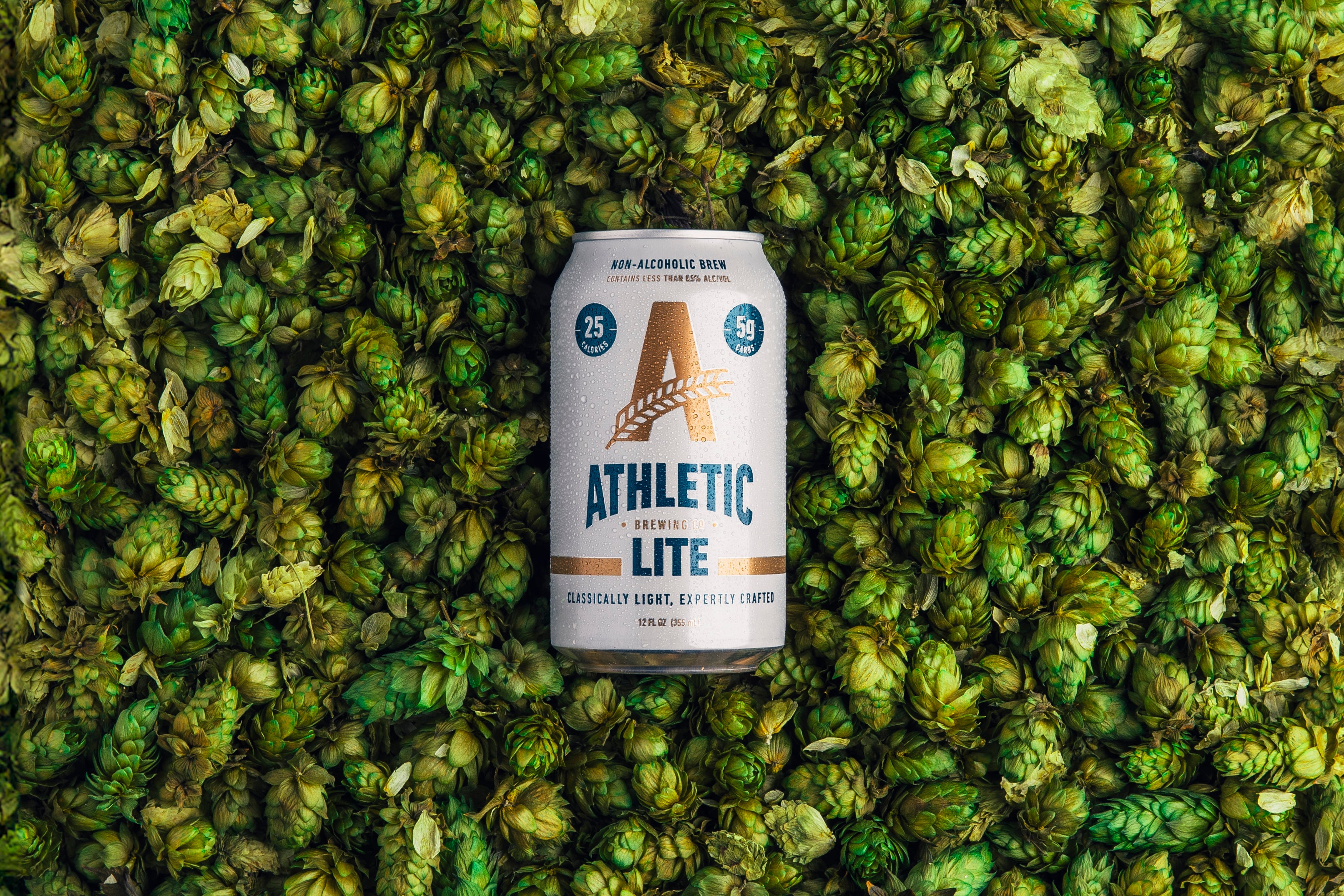 athletic lite can on a bed of green hops